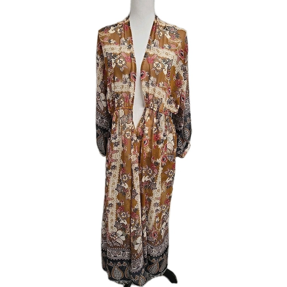 Umgee Floral Print Maxi Kimono Swim Cover-Up Beach Pockets Women's Size M READ